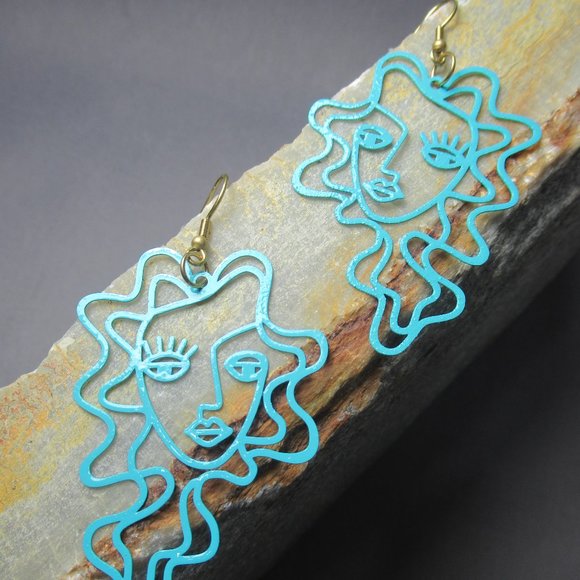 Blue Crowning Glory Dreamer Earrings, Abstract Woman Face, Merida - Picture 2 of 6